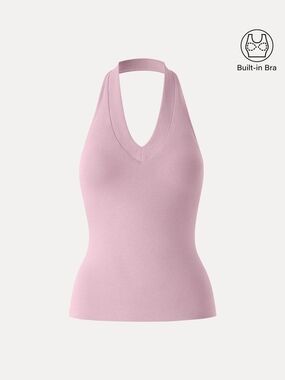 OGL Plantive Halter Neck Open Back Bra Tank In Rose Quartz